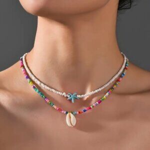 2pcs/set Colorful Rice Bead Beaded Necklace With Shell & Starfish Pendant Design